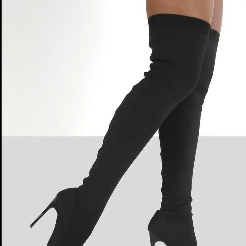 Ladies Socks Over The Knee Women Boots Stretch Fabrics High Heel Slip on Shoes Pointed Toe Woman Long Boots Size 36-43 241114