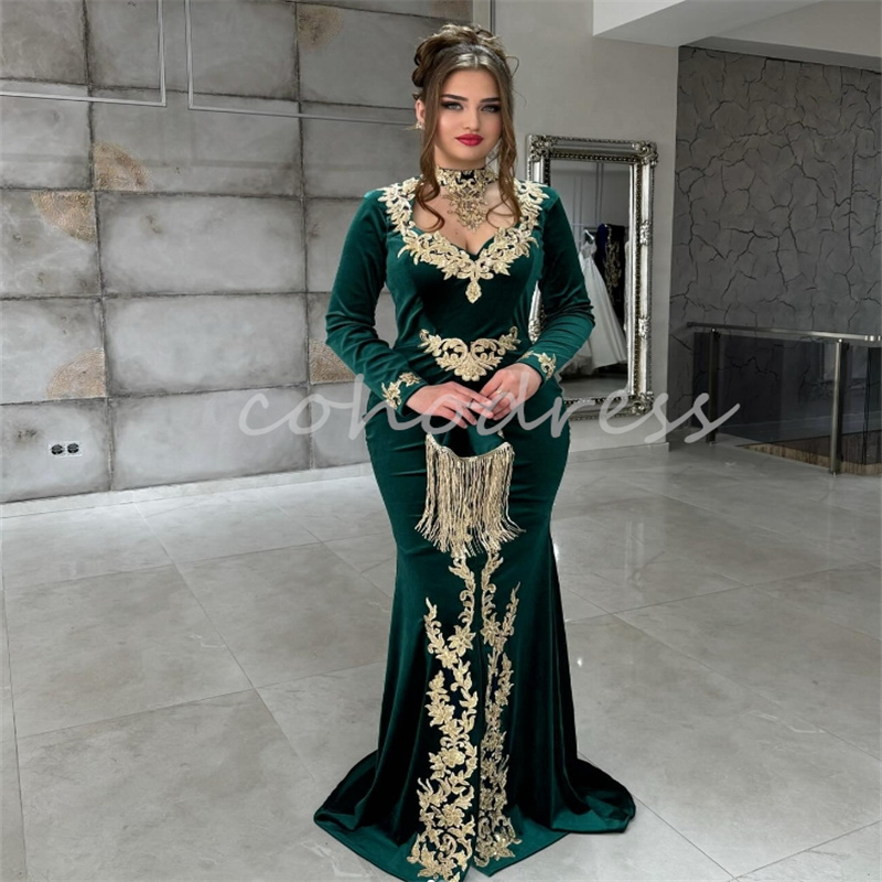 Moroccan Black Evening Dress With Gold Appliques Mermaid Long Sleeve Kosovo Arabic Prom Dress Slit Plus Size Birthday Customized Robe De Mariee Formal