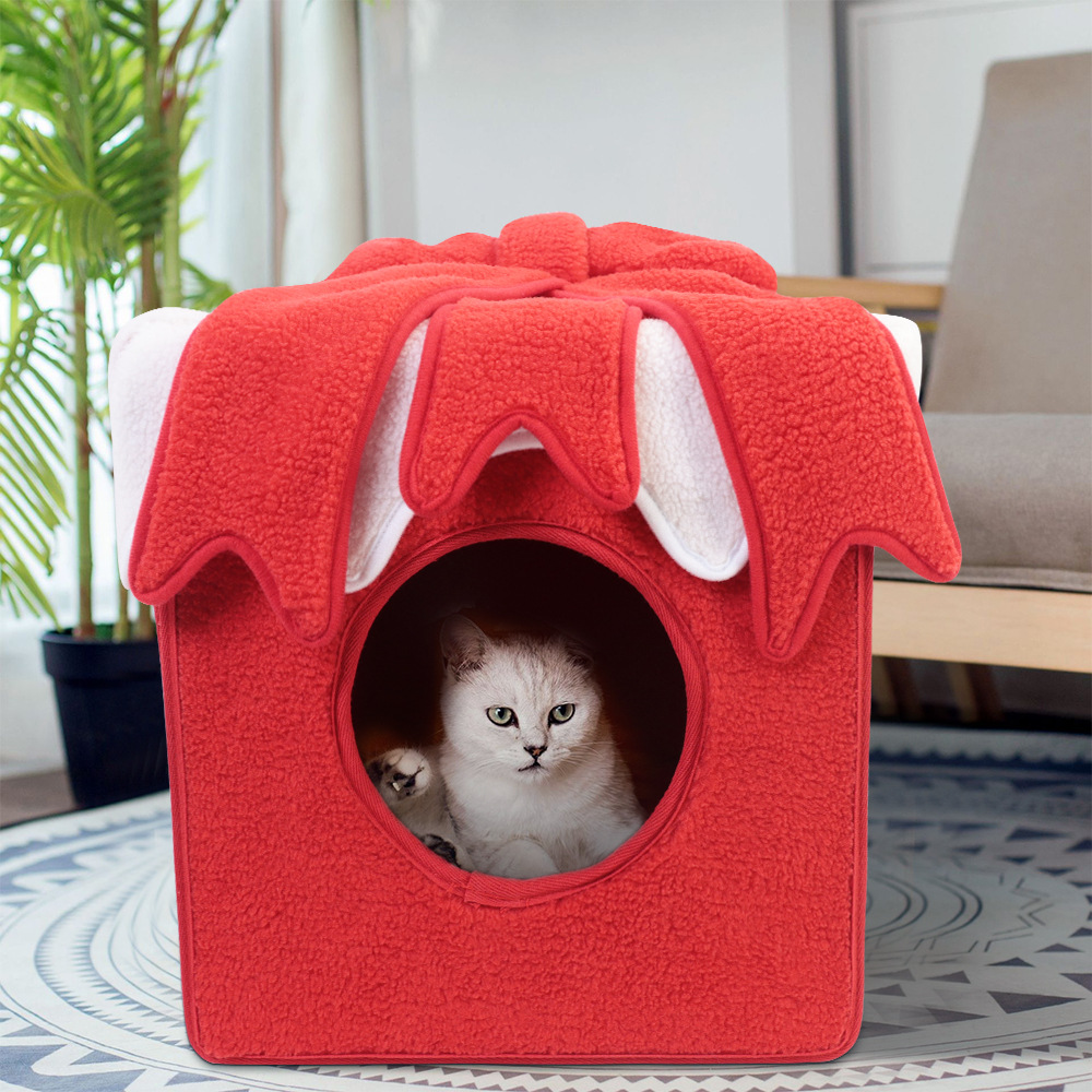 Christmas Gift Box Foldable Warm Indoor Cat Bed House