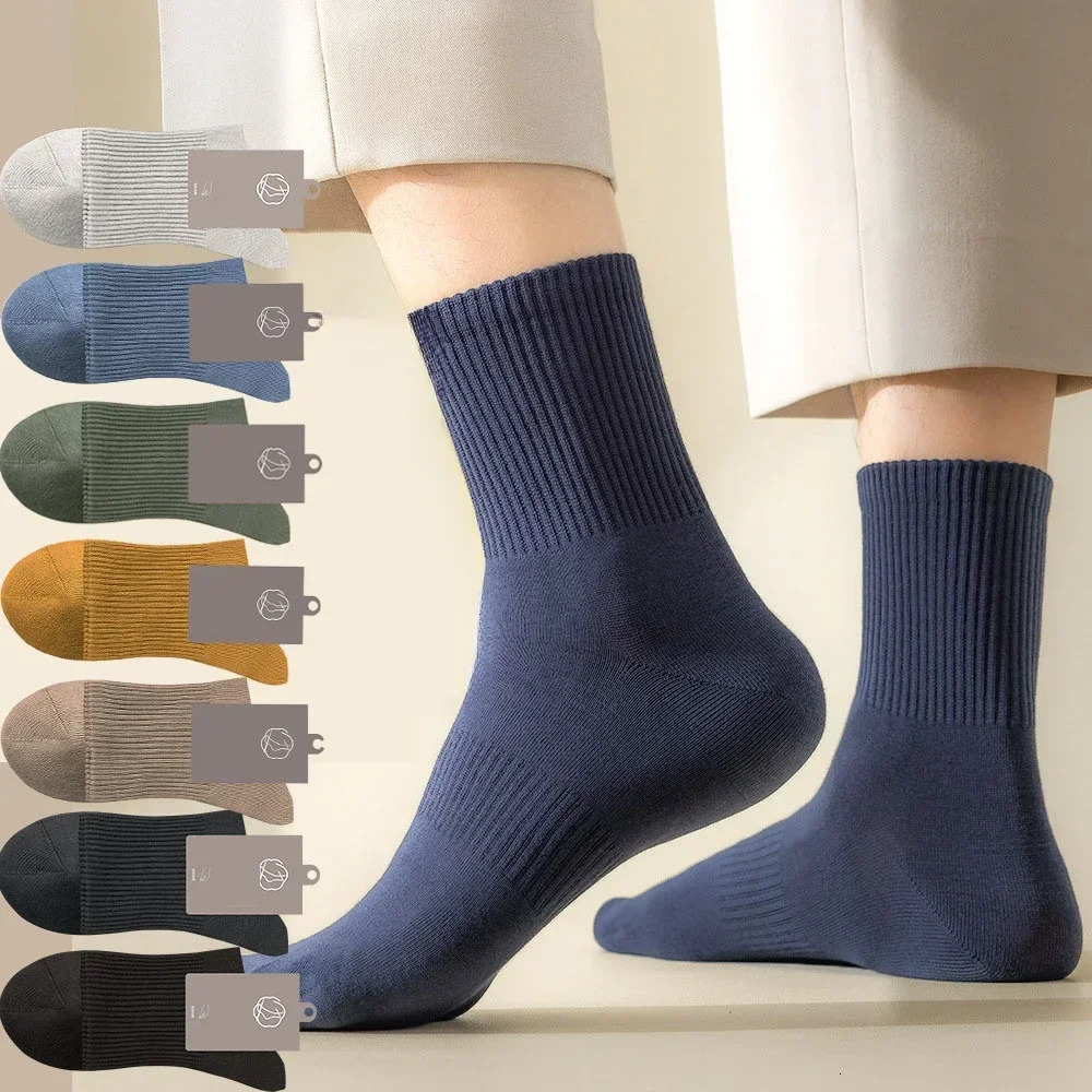 96% pure cotton mens socks 5 pairs/batch high-quality commercial antibacterial long thick socks casual and breathable autumn and winter 241126