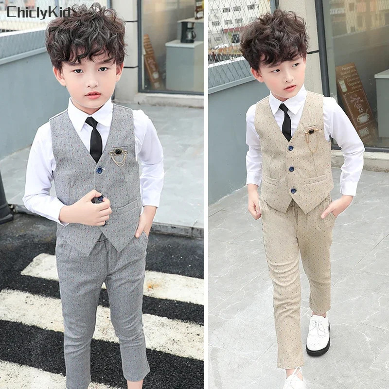 Boy Plaid Vest Blazer Kids Waistcoat Wedding Clothes Set Toddler Formal Dress Suit Child Brooch Shirt Pant Baby Gentlemen Outfit 241126