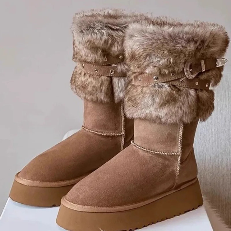 Womens Shoes Mid-Calf Womens Boots Fashion Belt Buckle Daily Boots Women Winter Round Toe Keep Warm Snow Boots 241114