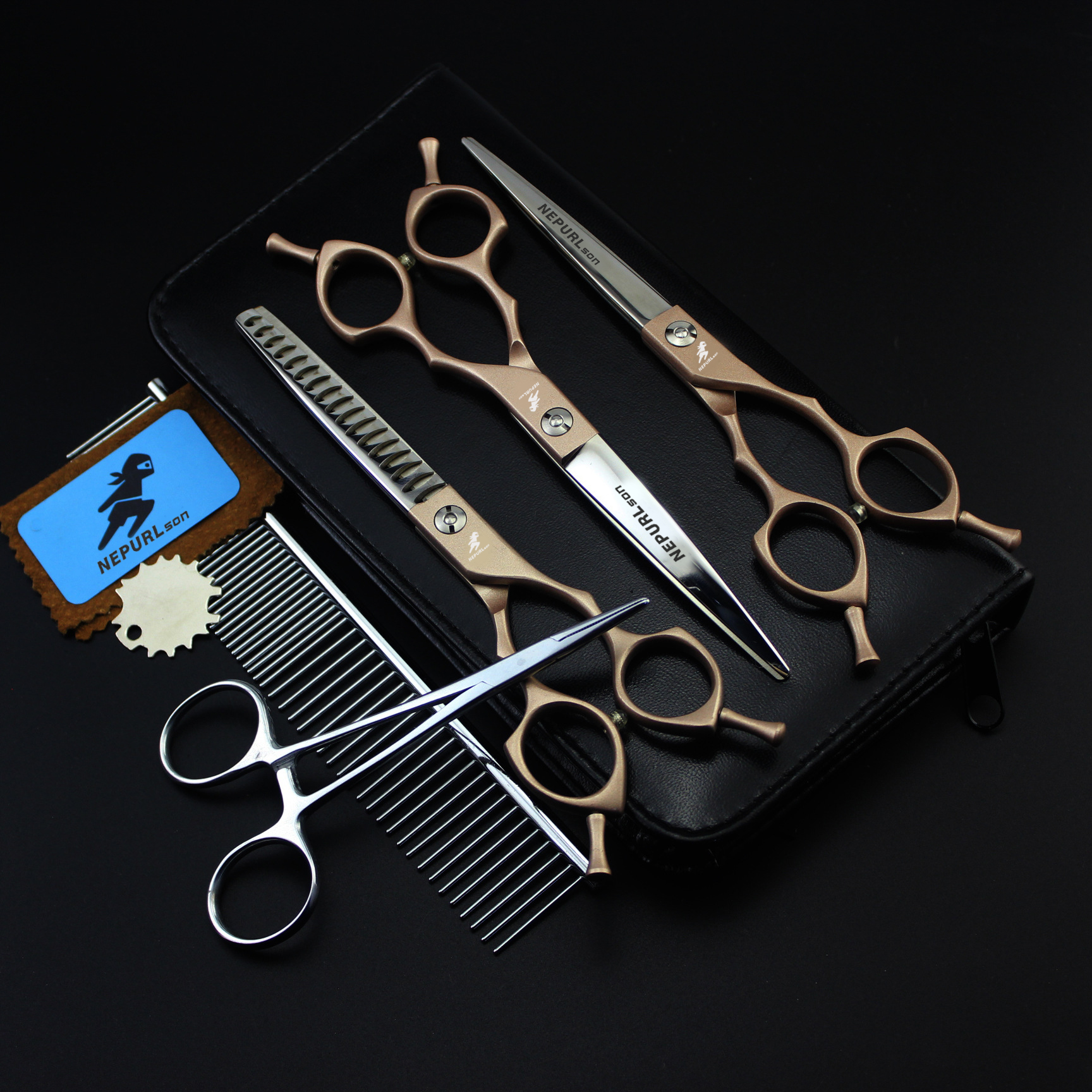 6.5 inch CG 01champagne gold paint Shaped Scissors Pet Grooming dense teeth scissors set