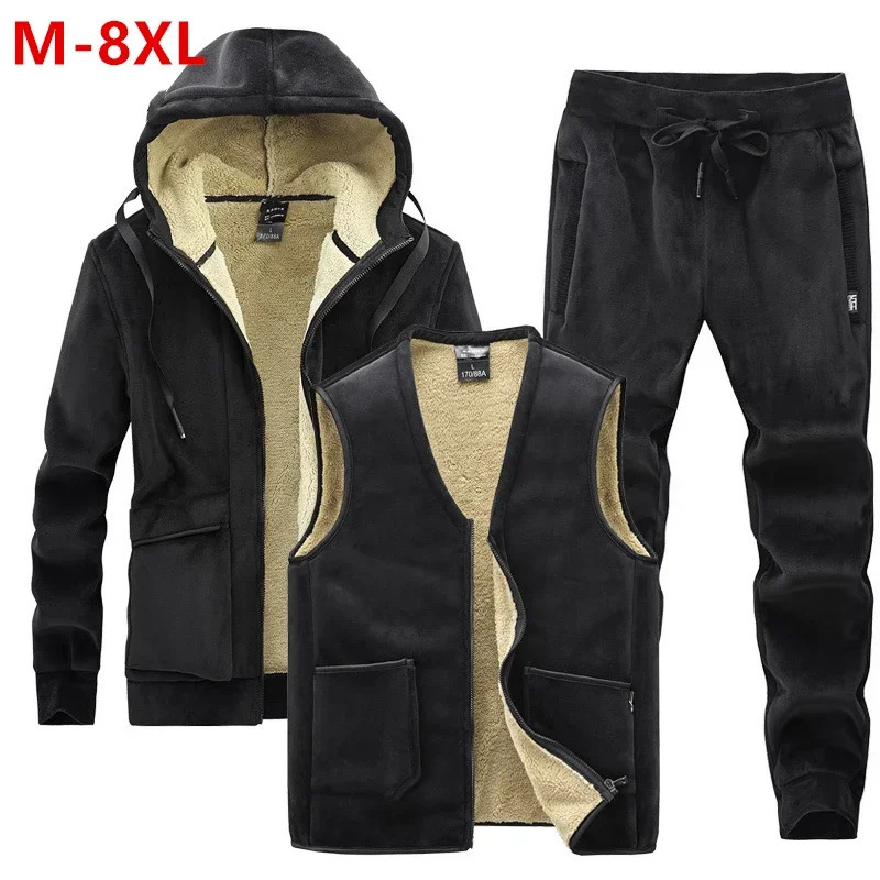 Mens Winter Velvet Thick Track Set Mens Cashmere HoodieTank TopPants 3-Piece Set Mens Warm Casual Cashmere Set 241126