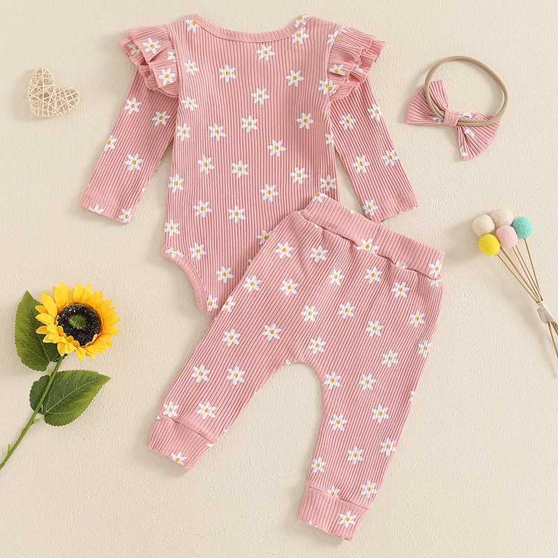 Clothing Sets Toddler Girls Striped Dress with Matching Leggings and Bow Headband Set Long Sleeve Floral Print Outfit for Baby Girl H241126