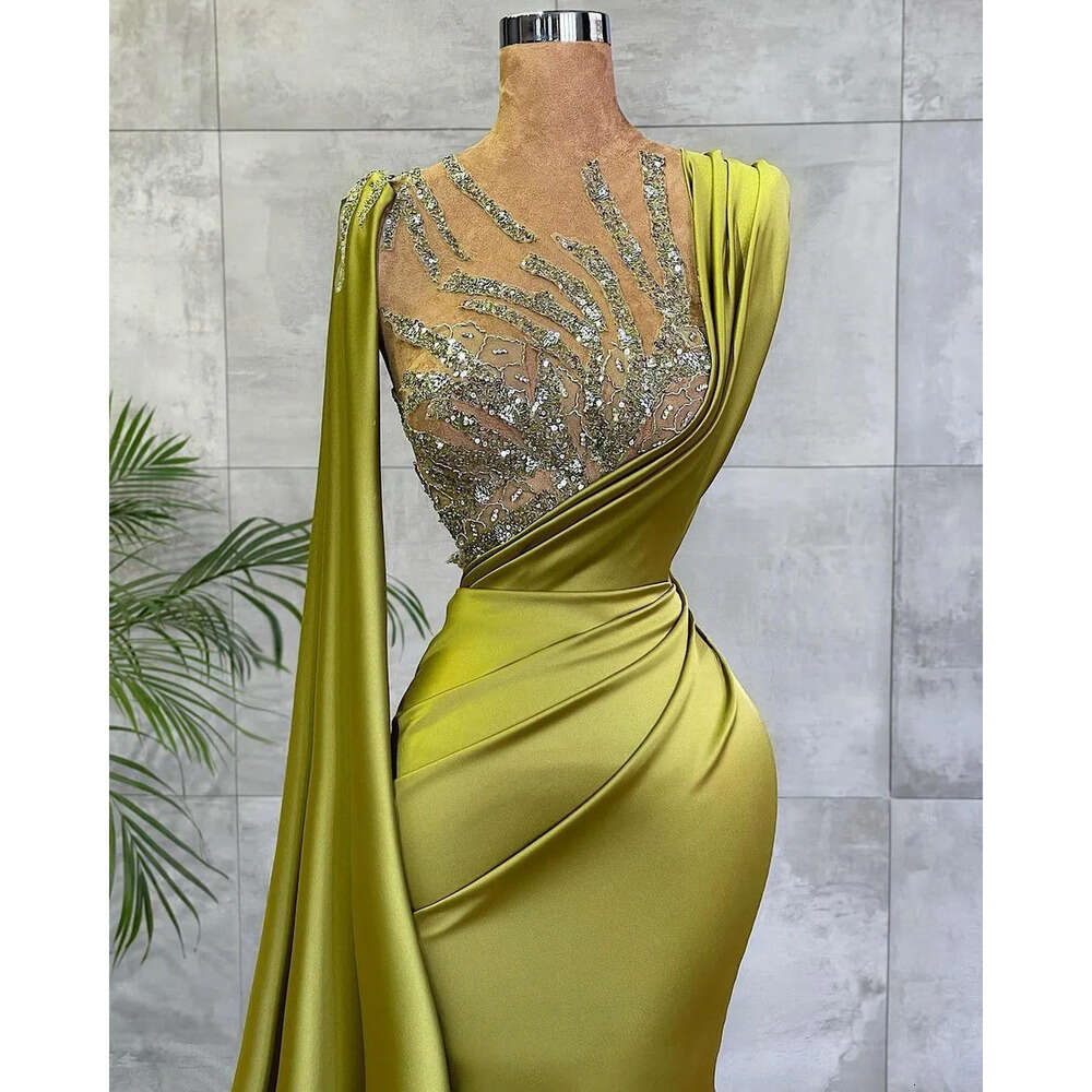 Satin Mermaid Lemon Green Arabic Evening Dresses Mesh Top Sequin Beads Ruched Formal Ocn Wear Gold Hunter Sheer Neck Sweep Train Robe De Soriee Bc