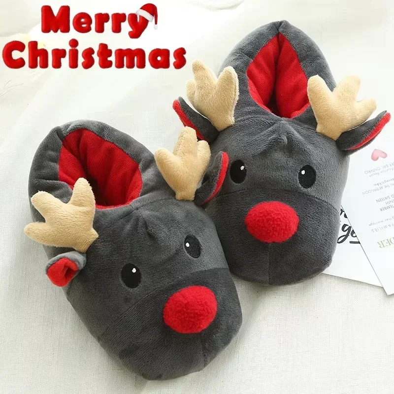Womens Slippers Deer Christmas Shoes Cotton Plush Cute Slippers Winter Cotton Indoor House Flat Floor Soft Warm Plush Slippers 241126