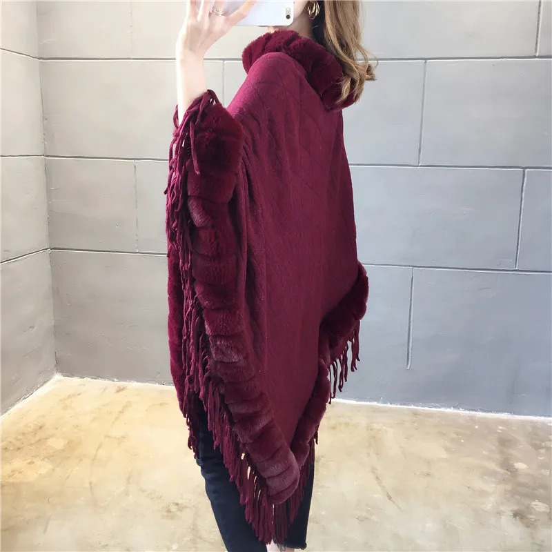 Autumn Winter Rabbit Fur Womens Coat Wool Collar Pullover Shawl Warmth Poncho Capes Gray Cloaks 241112