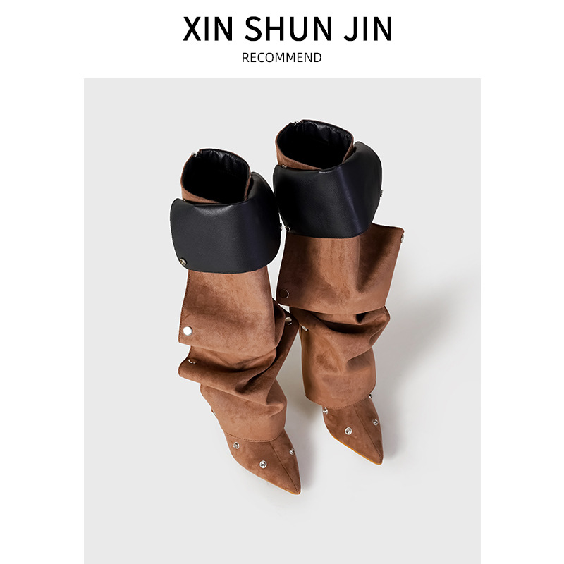 2024 willow stud buckle splicing two wear fine high heel tall boots female personalized spicy girl fashion boots EU35-40