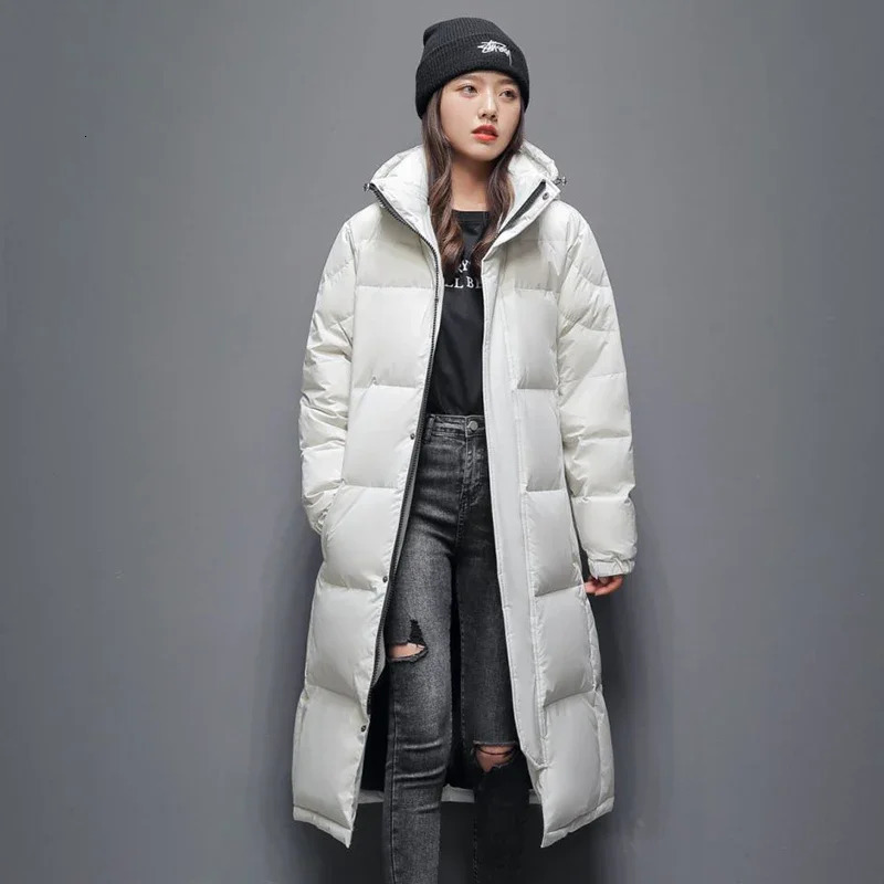 Winter Outerwear Long Down Jacket Men Women Casual Long Knee-length Hooded Parka Coat Thicken Versatile White Duck Down Coat 241125