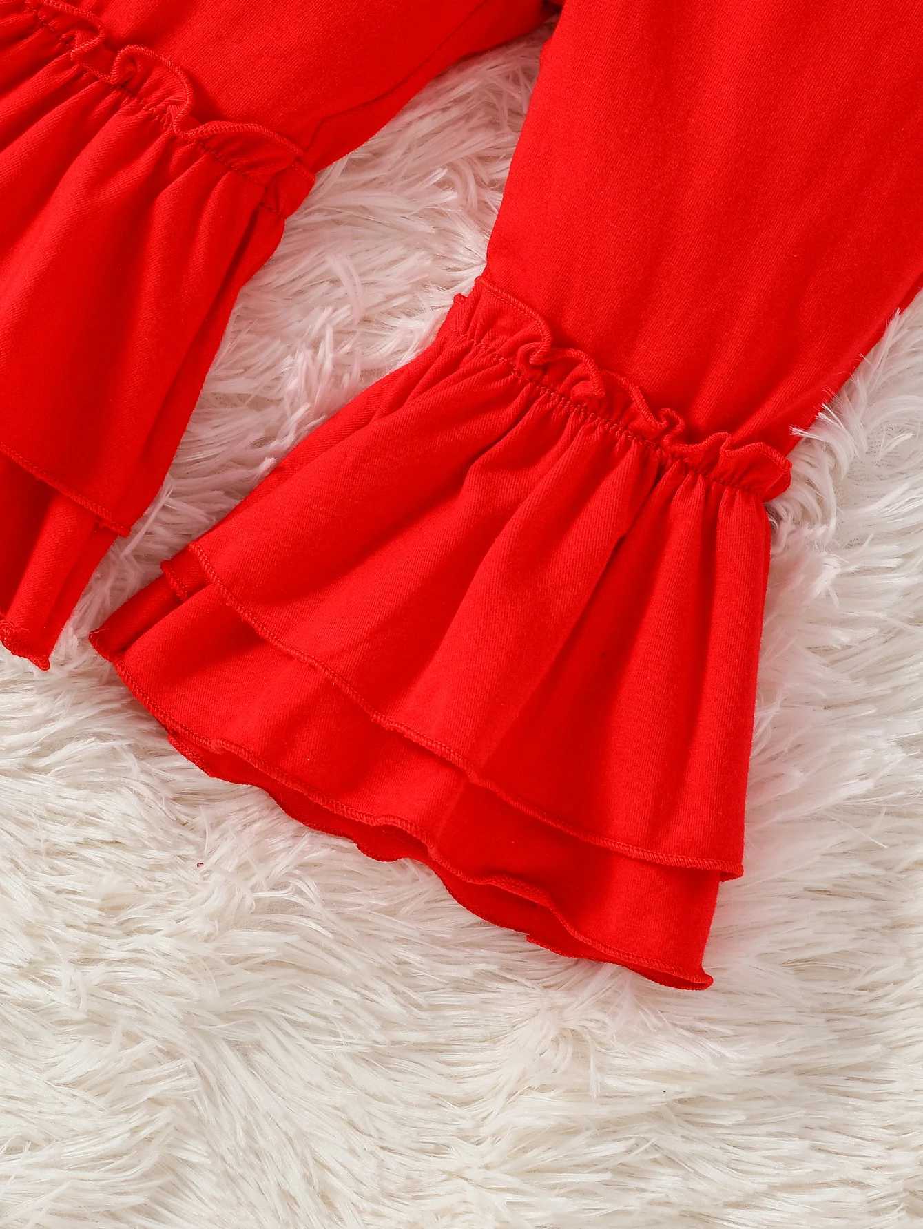 Clothing Sets 2Pcs Baby Girls Long Sleeve Print Santa Claus With Bow Top+ Solid Red Trousers Set For Christmas Outdoor Wear H241126