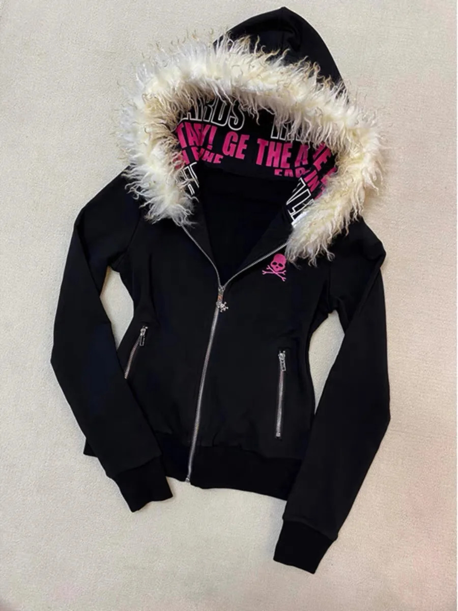Y2K Hip Hop Harajuku Solid Color Zipper Fur Collar Jacket American Skull Print High Street Casual Slim Warm Long Sleeve 241125