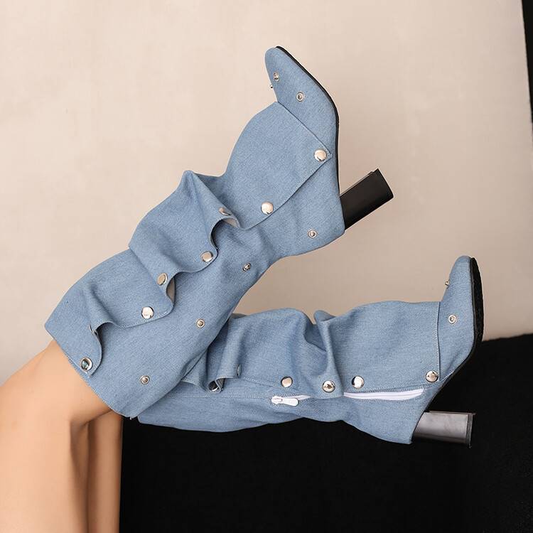 Knee Women's High Boots Sexy Pleated Autumn Winter Black Blue Jeans Heeled Long Boot Ladies Shoes Large Size 45 New Trends 666e