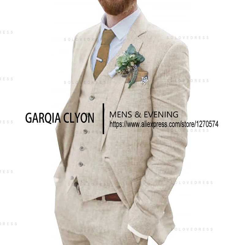3 Piece Mens Retro Linen Men Suit Beach Wedding Suit Summer Slim Fit Linen Suit Groomsmen For Wedding (Blazer+Vest+Pants) X250704