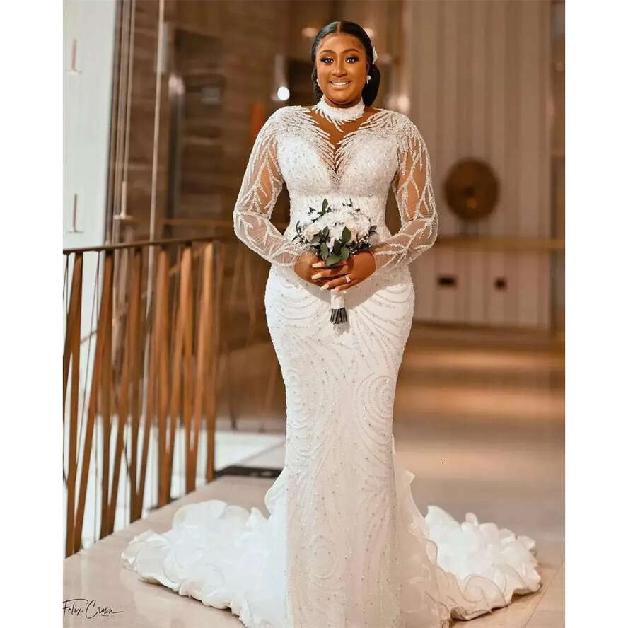 New Plus Size Arabic Aso Ebi Sheer Neck Mermaid Wedding Dress Long Sleeves Sexy Bridal Gowns Dresses 2023 Bc14230