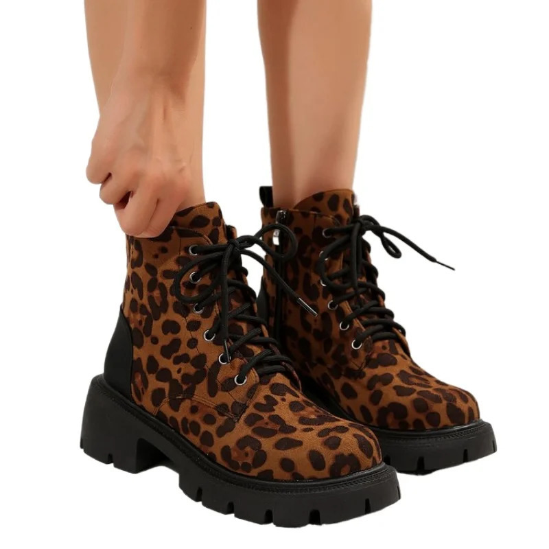 Shoes for Women Fashion Lace Up Women Boots Winter Round Toe Leopard Print Short Barrel Chunky Heels Zipper Plus Size Boots 241114