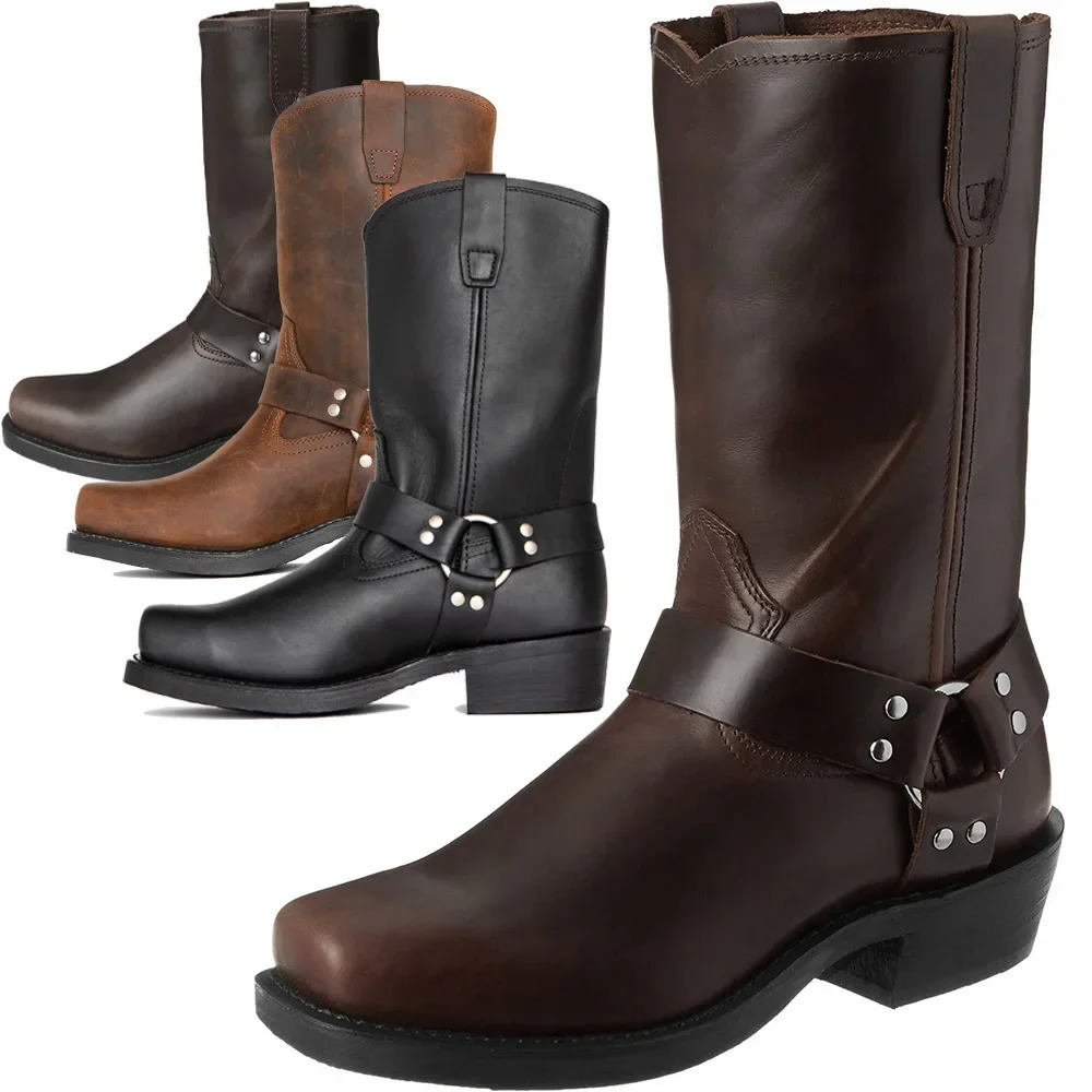 Retro Cowboy Boots Men Mid Calf Western Boots Men Pu Leather Boots Man Slip On Shoes Winter Knight Boots Booties Plus Size 39-48 241114
