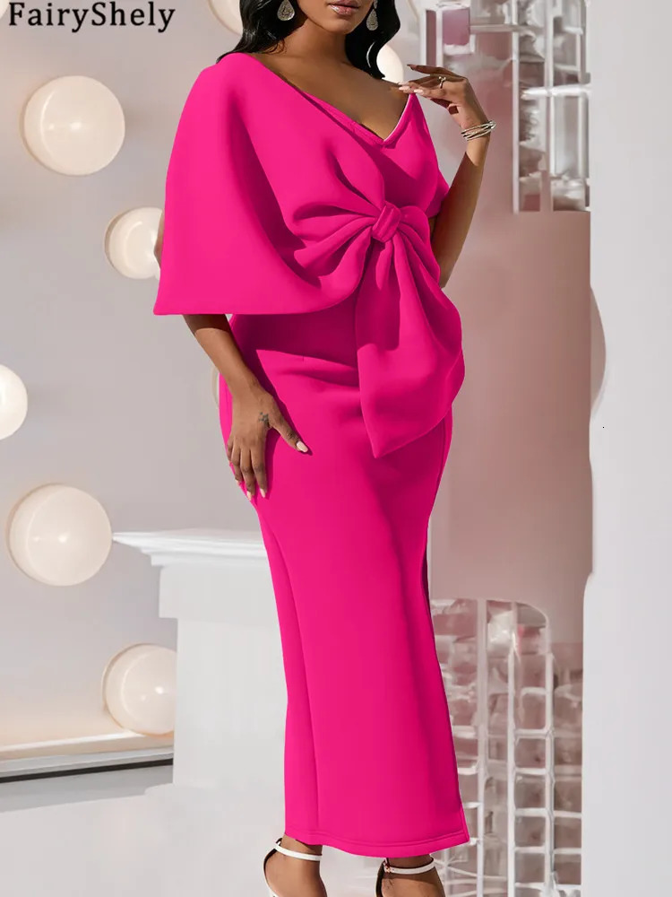 FairyShely Summer Bow Short Sleeve Plus Size Club Dress Womens Solid Large Dress Womens Ultra Thin Party Tight Curve Dress 241125