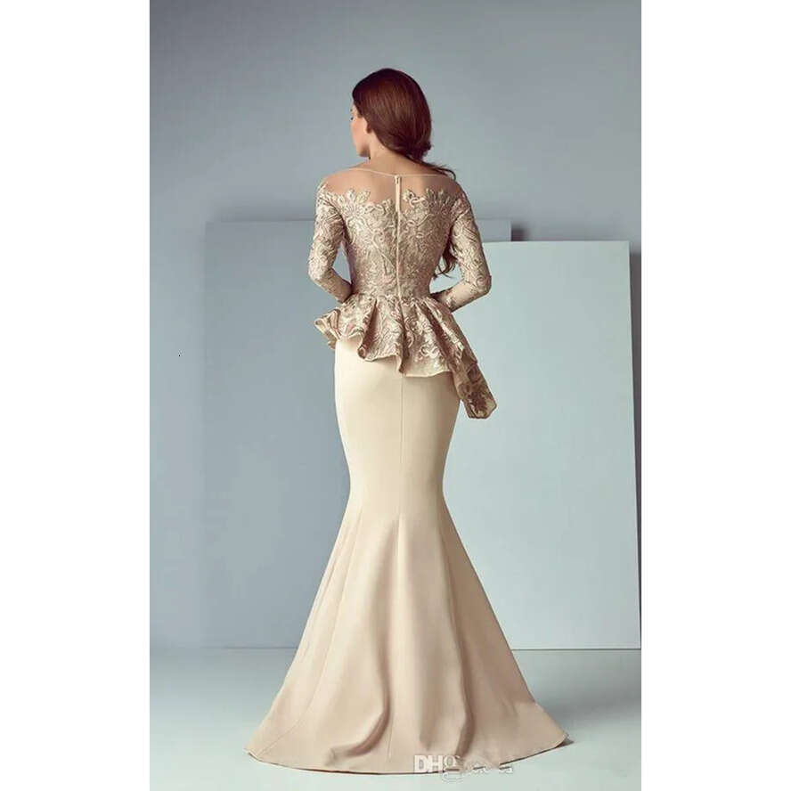 Champagne Lace Long Sleeves Mermaid Evening Arabic Sheer Mesh Top Satin Peplum Or Length Formal Party Prom Dresses Ba8170