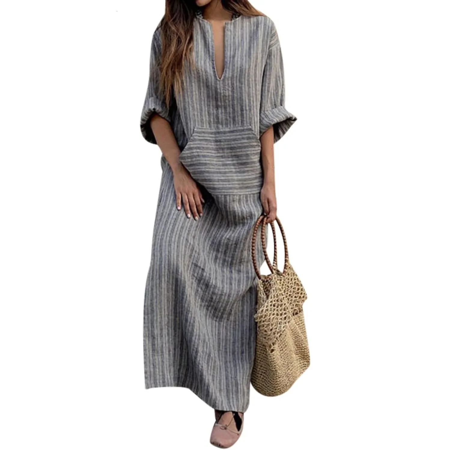 Women Vintage Oversized Maxi Dress Striped Pockets Cotton Linen Dresse Vestidos Sexy Loose Dresses Plus Size Long Sleeve Casual 241112