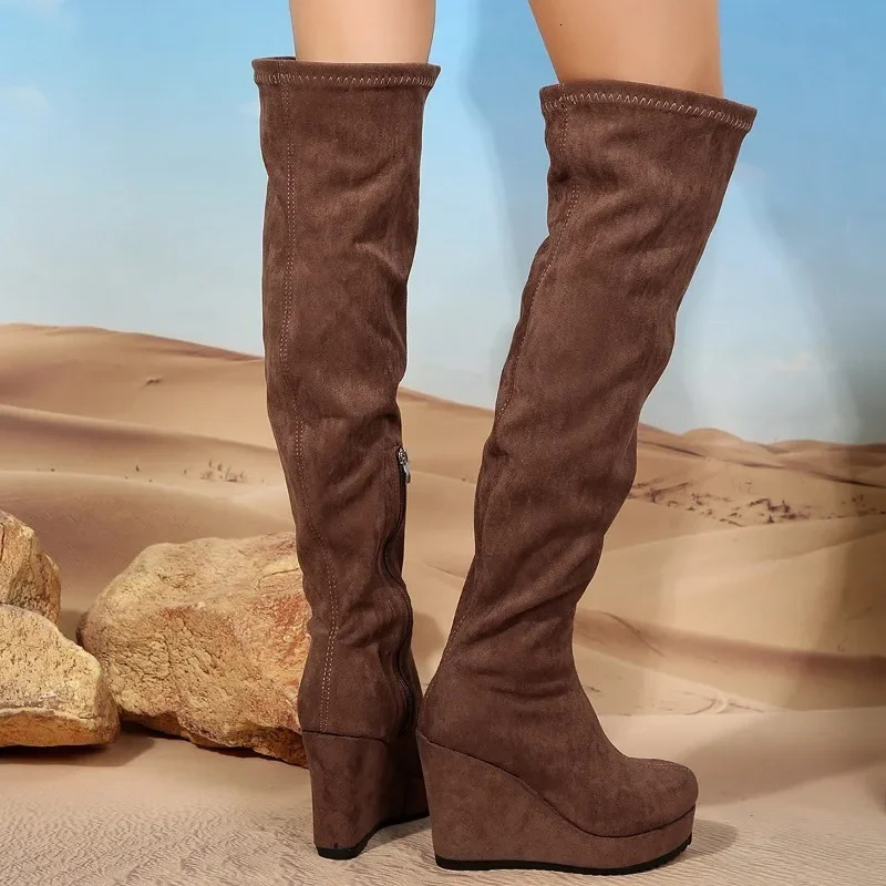 Womens High Boots 2024 Trend Suede High Heels Autumn Winter Platform Wedges Chelsea Boots Female Chunky Over The Knee Boot 241126