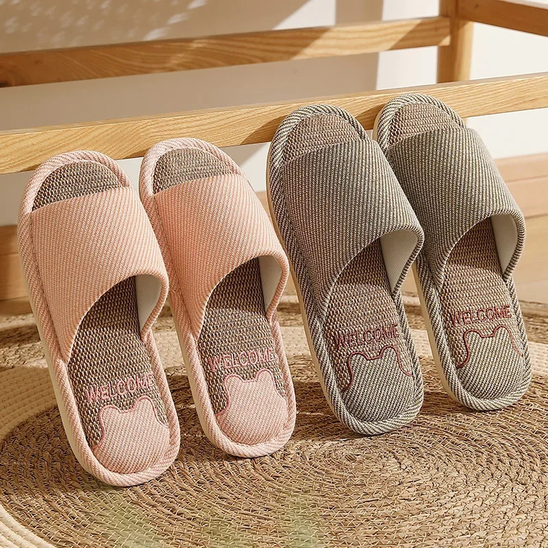 Linen slippers indoor breathable womens slippers linen couple anti slip shoes beach sandals comfortable apartment 241126