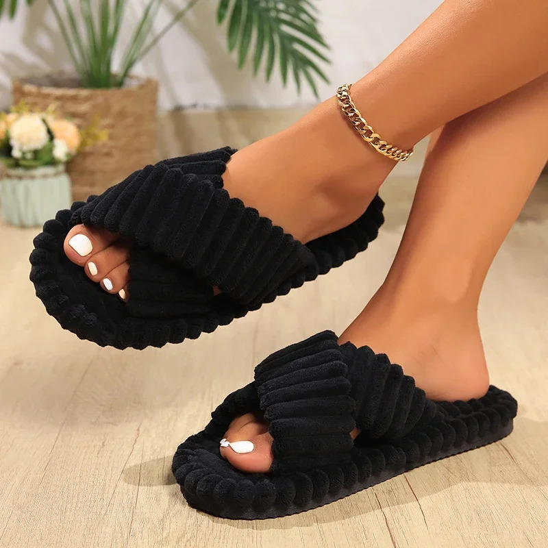 Fashion Corduroy Cross Band Home Slippers Womens Autumn Winter Warm Plush Slippers Womens Indoor Soft Bottom Cotton Slippers 241126