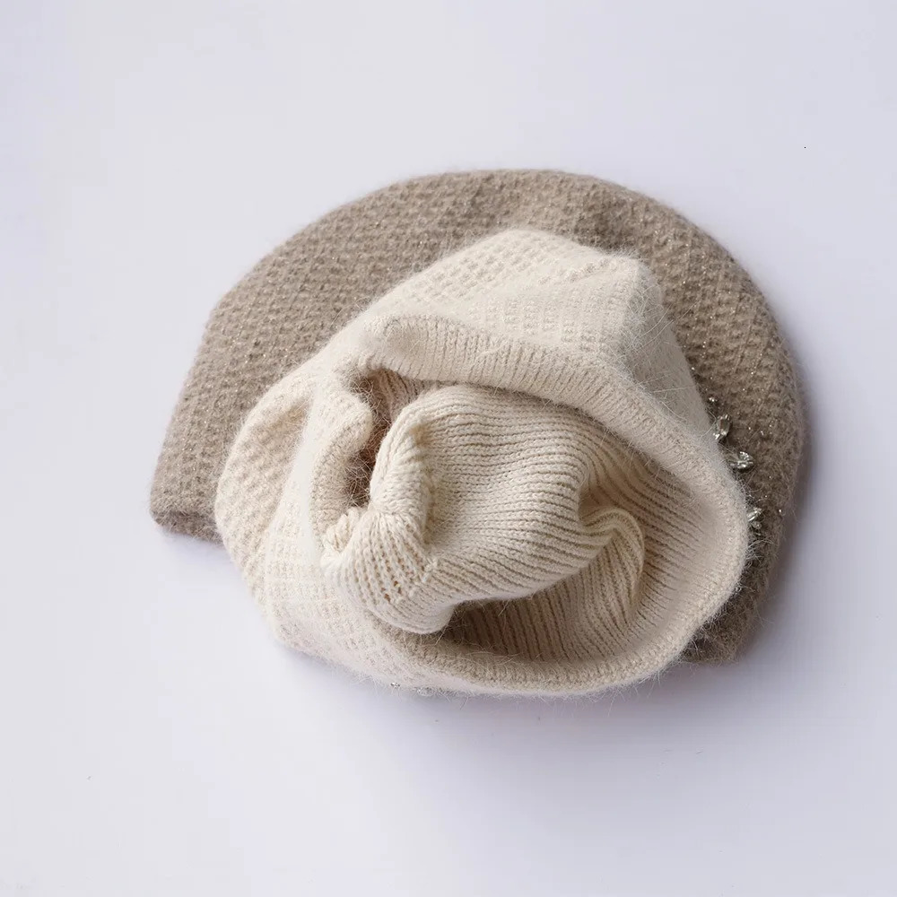Winter Rabbit Fur Knitted Womens Hat High Quality Rhinestone Warm Thick Beanies Hat Versatile Ear Protection Hat 241126