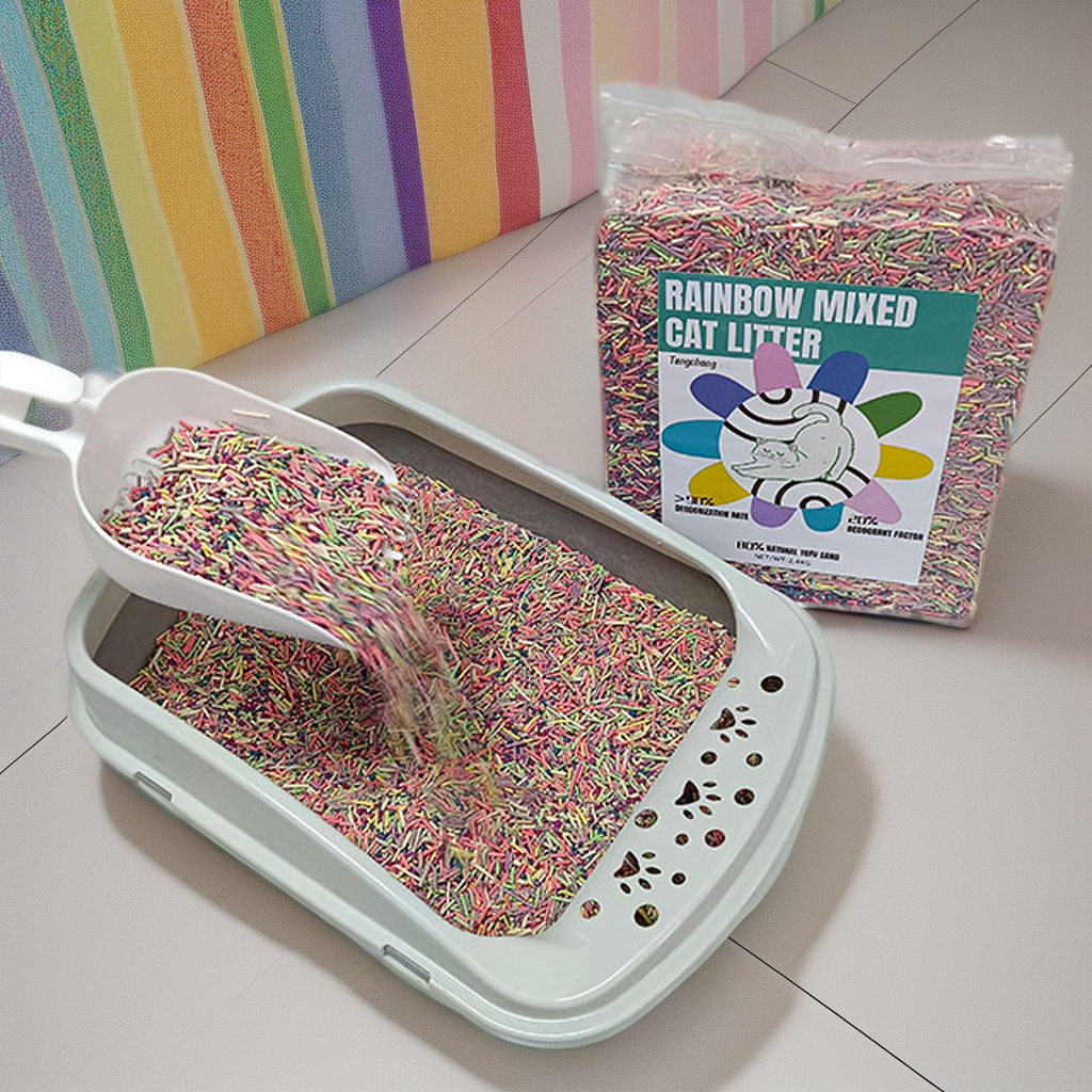 Rainbow mixed cat litter is supported in a variety of customized packages cat litter
