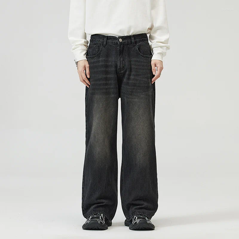 2025 S Fashion Designer Men S Jeans OIMG Spring Autumn Half Elastic Waist Trousers Fashion American Retro Loose Straightclean Fitwide Leg Pants