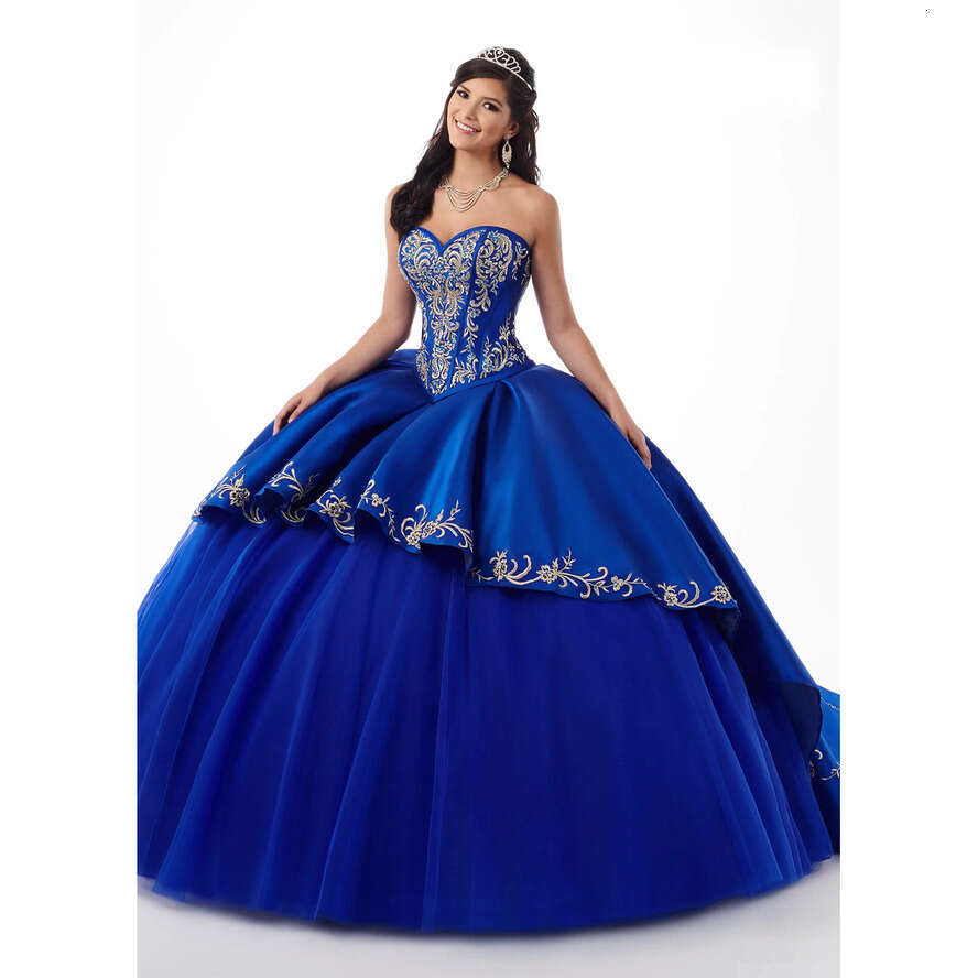 Royal Blue Bury Quinceanera Dresses Gold Embroidery Beaded Sweetheart Satin Ball Gown Prom Layered Ruffles Party Sweet 16 Dress