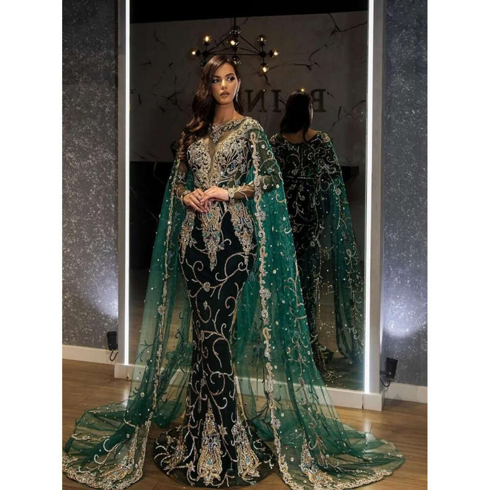 Dresses Emerald Prom Arabic Evening Mermaid Long Sleeve Sparkg Lace Bridal Modest Dress With Cap Bc 6660306