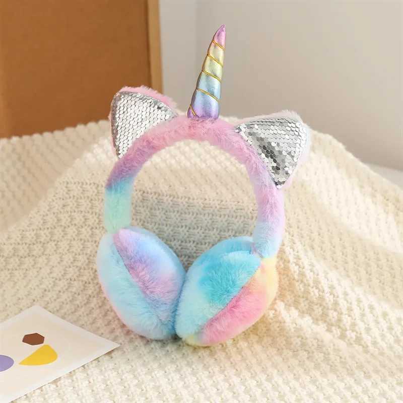 Cute unicorn earmuffs with sequins for children cat earmuffs for winter warm fur plush headband for women tie dye fluffy earmuffs W241126