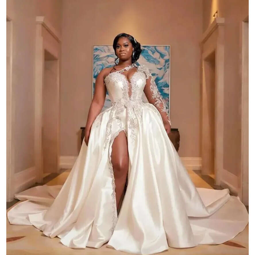 New Vestido De Noiva African Elegant One Shoulder Satin A E Wedding Dresses With Detachable Skirt Lace Applique Beaded Split Court Train Bridal Gowns 