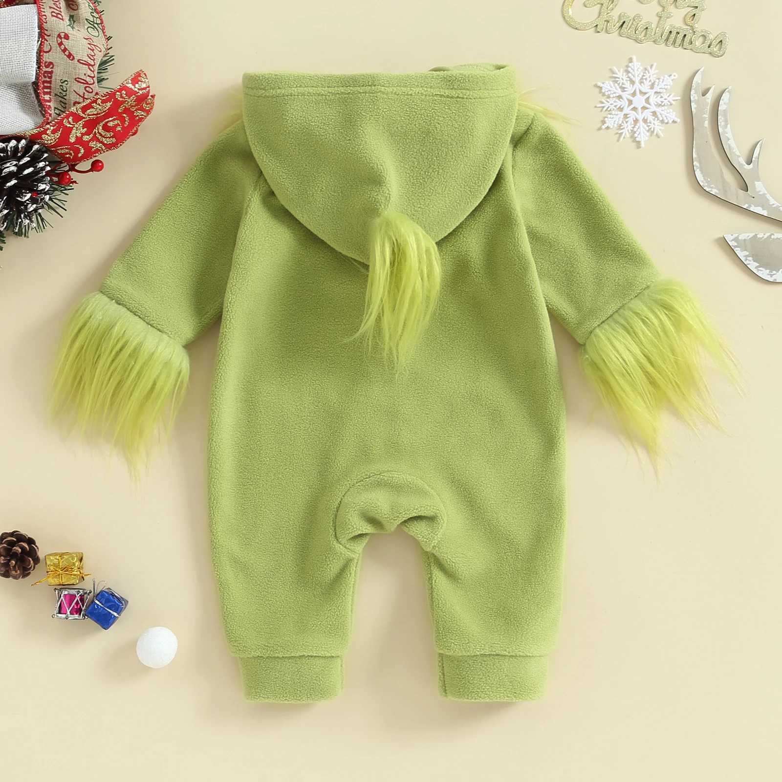 Clothing Sets Baby Boys Girls Christmas Jumpsuits Fur Trim Long Sleeve Rompers Toddler Kids Green Monster Baby Cosplay Costume H241126