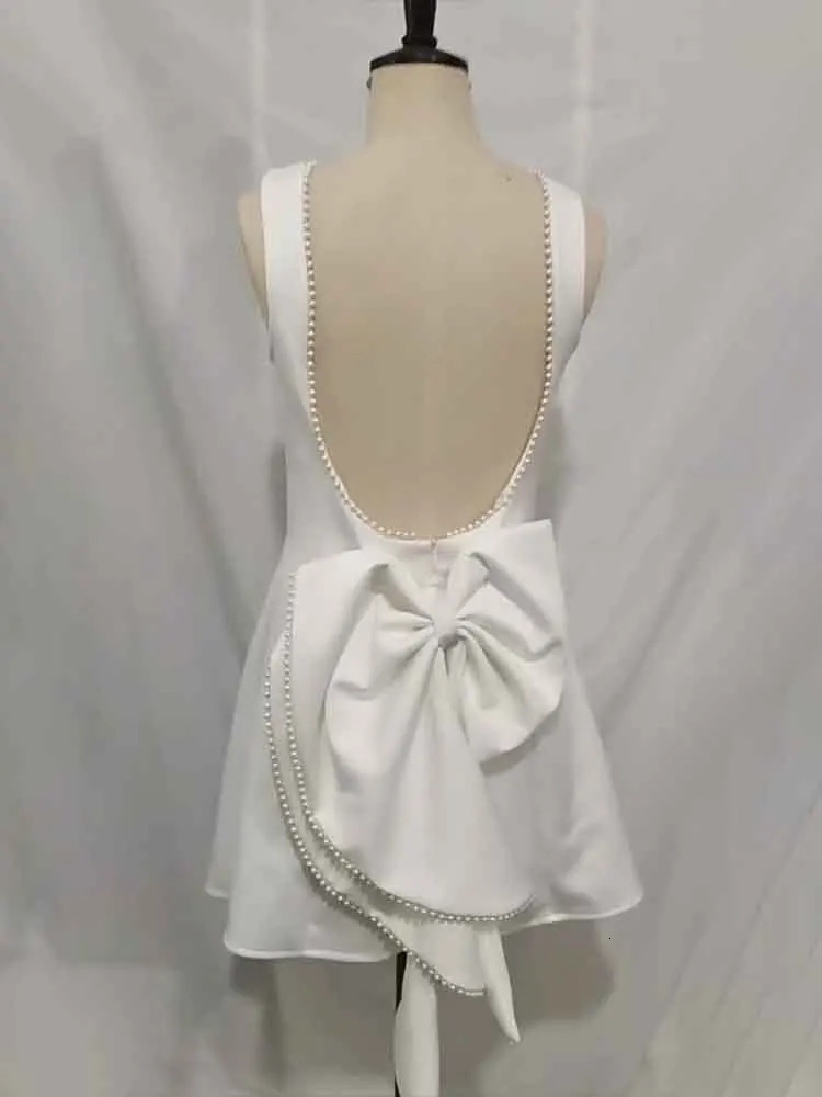 NIDANSSI White Pearl Backless Bow Evening Party Dress Women Robes Elegant Sexy Bodycon Mini Summer Vestidos 241112