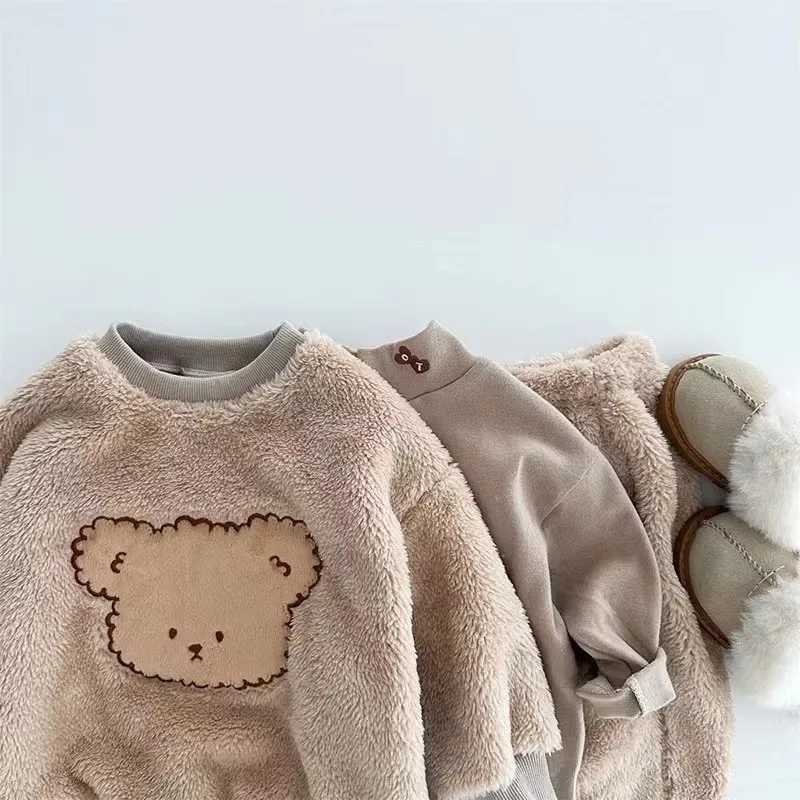 Clothing Sets 2024 new baby autumn and winter cartoon plush two-piece set male and female baby warm outing set bear cute T Z 2 4 6 8 H241126