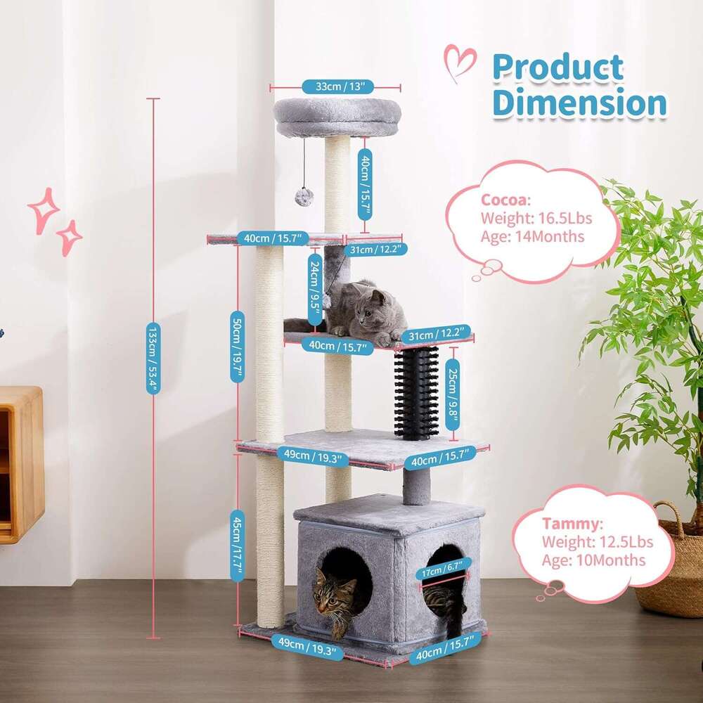 Made4Pets Cat Tree, 52.4" Tall Indoor , Multi-Level Large Cat Condo with Scratching Posts and Pompoms, Plush Kitten Climbing Tower with Cat Groom