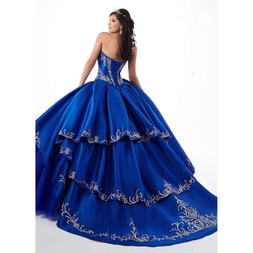 Royal Blue Bury Quinceanera Dresses Gold Embroidery Beaded Sweetheart Satin Ball Gown Prom Layered Ruffles Party Sweet 16 Dress