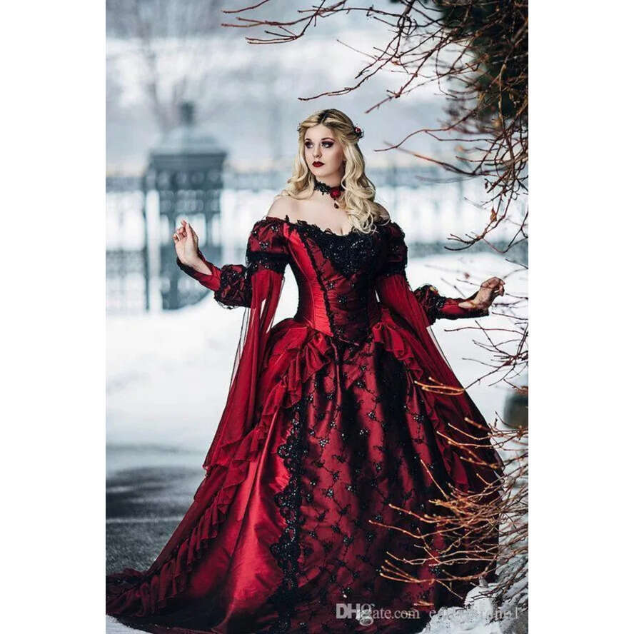 New Gothic Sleeping Beauty Princess Medieval Bury And Black Wedding Dress Long Sleeve Lace Appliques Victorian Masquerade Bridal Gowns