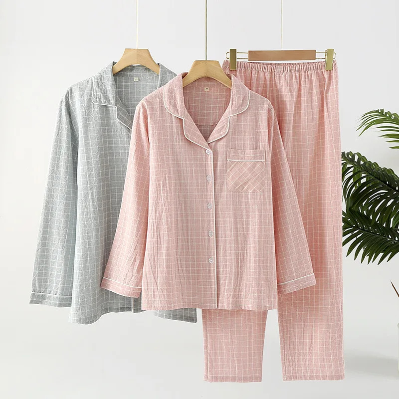 Japanese style couples 2-piece set of 100% pure cotton long sleeved pants simple plain weave pajamas for women/men 241126
