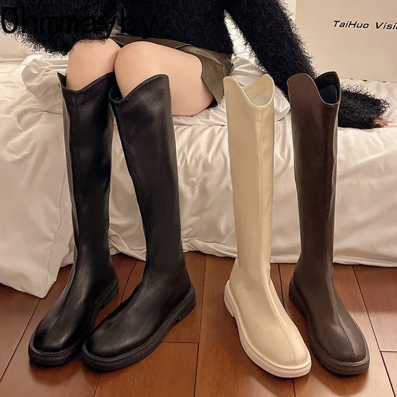 Winter Soft Leather Women Knee High Boots Fashion Back Zippers Modern Long Booties er Flats Botas De Mujer 241114