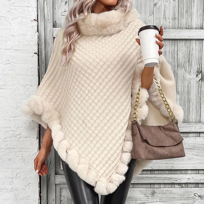 Fashion Plaid Stripes Faux Fur Pullover Cape Coat Women Autumn Winter Knit Poncho Cloak Wraps Travel Leisure Party Shawl 241112