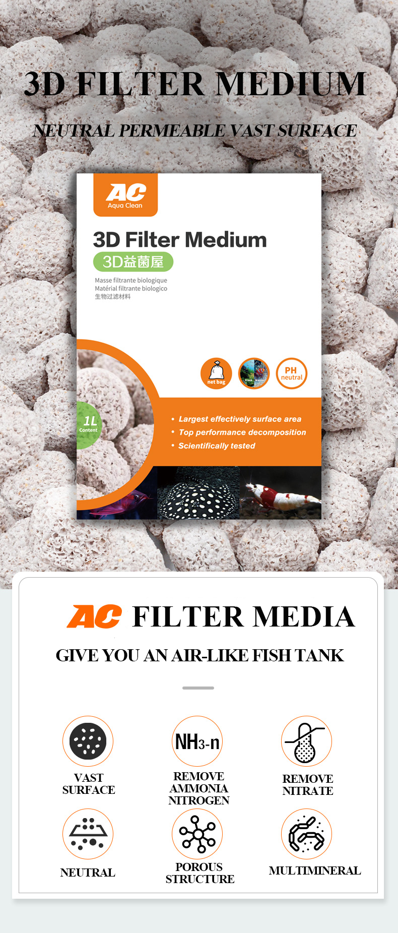 Aquaclean Open porosity 3D filter media for aquarium biological filtration ZACT18