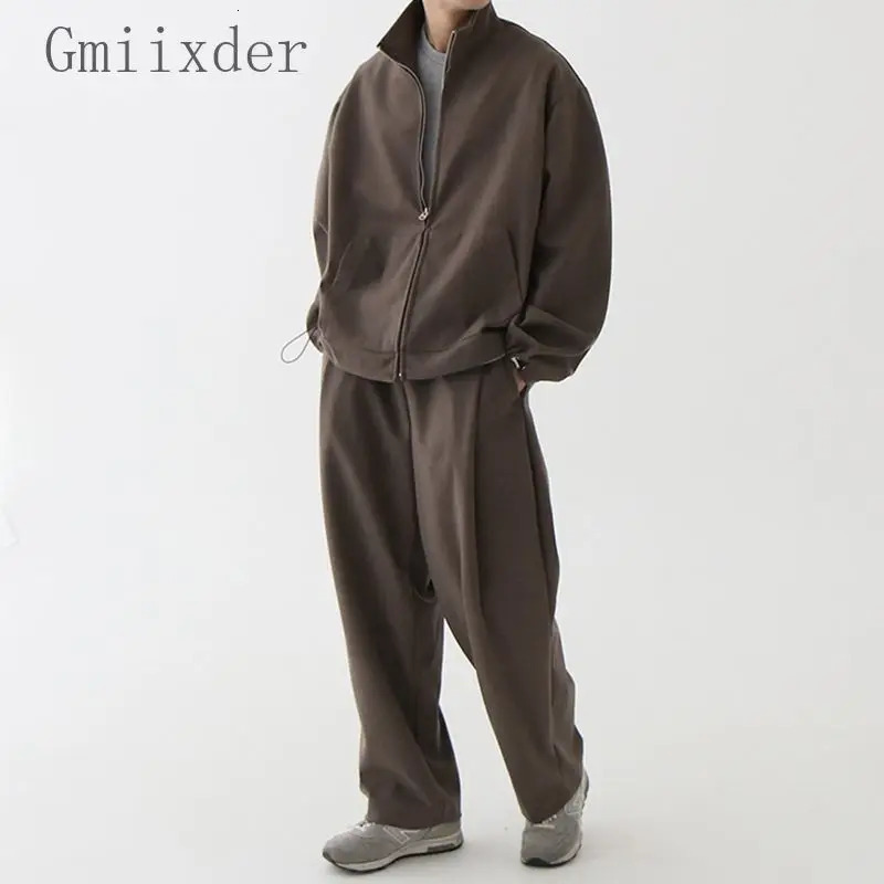 Autumn and Winter Tracksuit Collar Zipper Jacket Mens Korean Open Woolen Sweater Versatile Casual Sports Pants 2-piece Set/Single 241126
