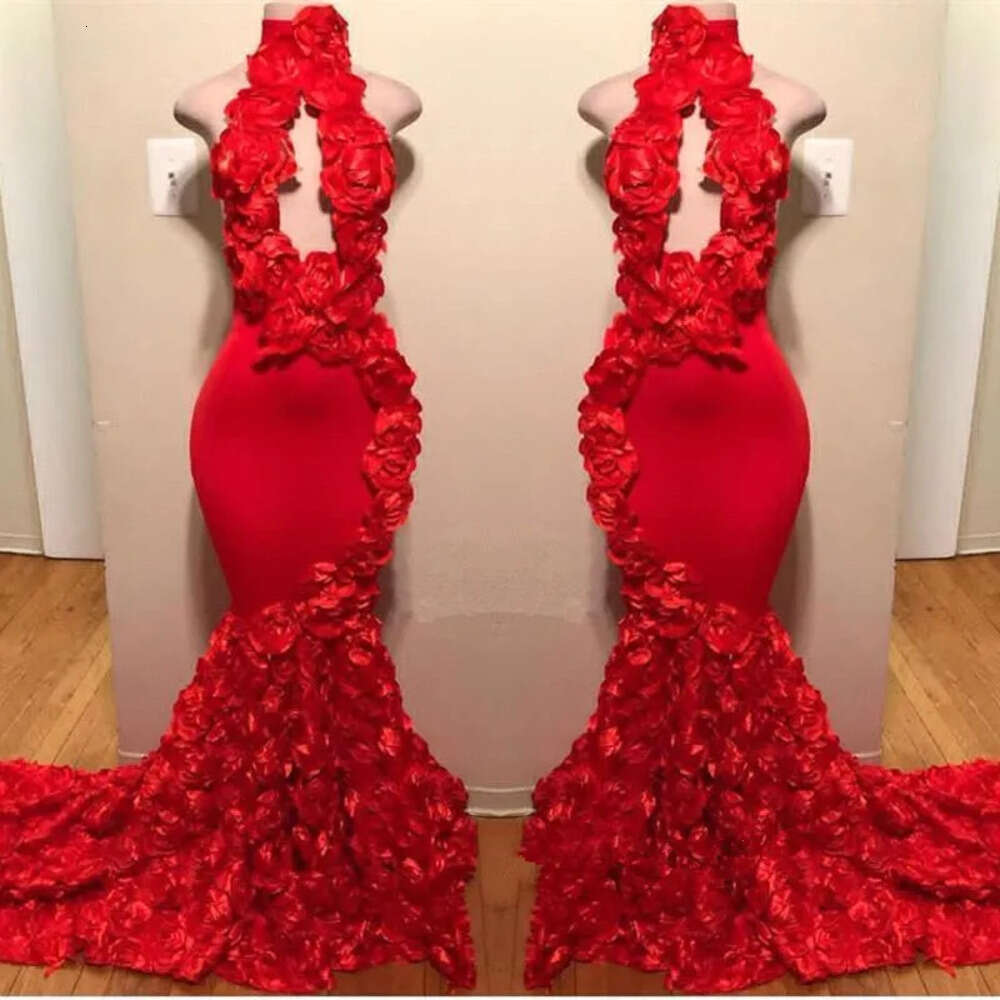 Red Lace High Neck Mermaid Long Prom Dresses Keyhole D Rose Floral Applique Sweep Train Party Evening Gowns Bc