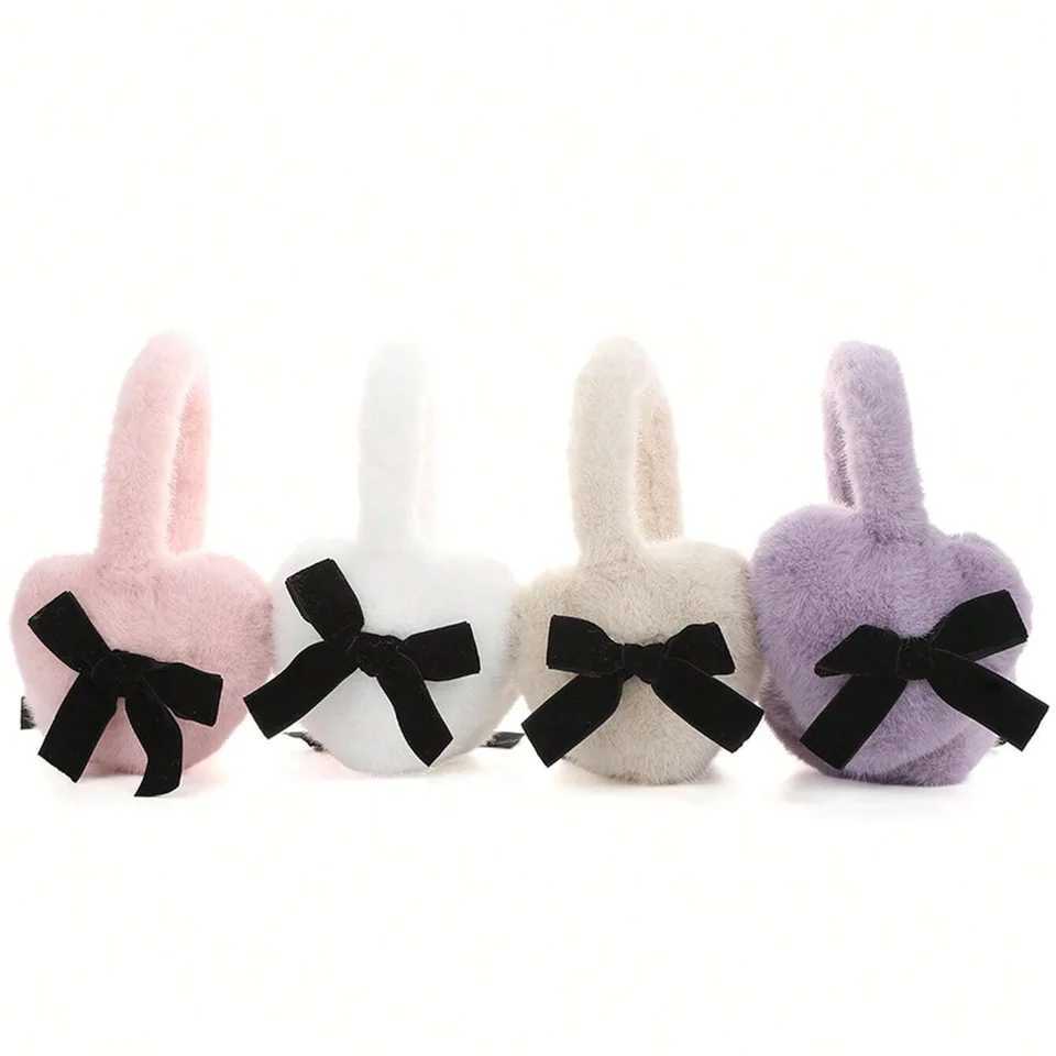 Women Solid Color With Black Bow Fluffy Cute Heart shed Ear Warmer Earmuffs ldeal For WinterXJ241126