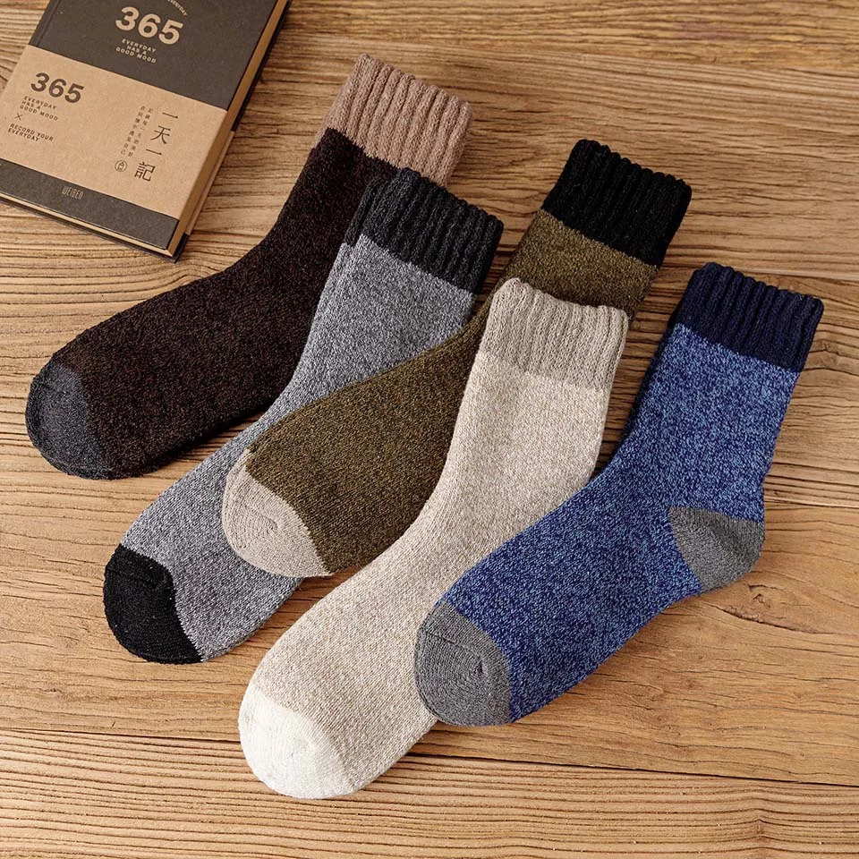 Winter thick mens wool socks casual warm Harajuku retro plus size long cashmere socks 5 pairs 241126