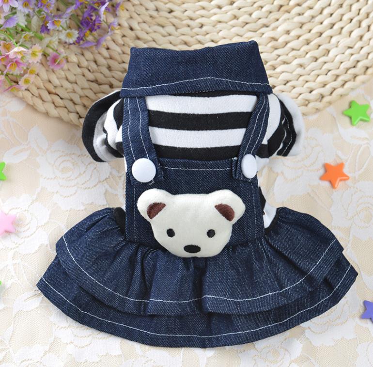 Striped Jean Pet Dog Clothes Overalls Dress Small Cat Puppy Jumpsuit Hoodie for Girl Boy Poodle
