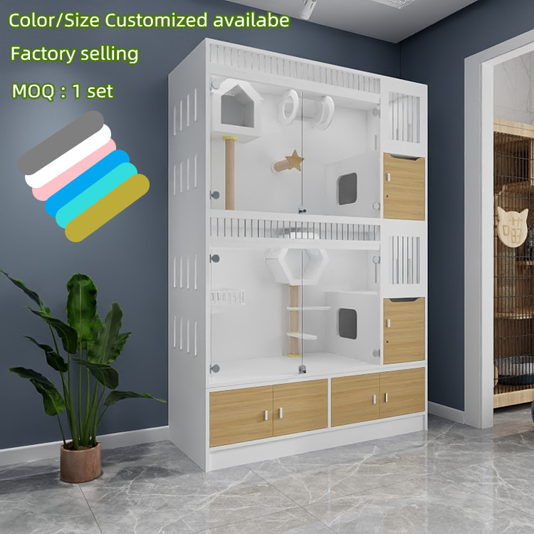 Hot selling Fashion unique design Eco-friendly Large space Glass door White 3 layers breeding Wood Pet Villa Cat Boarding Cage